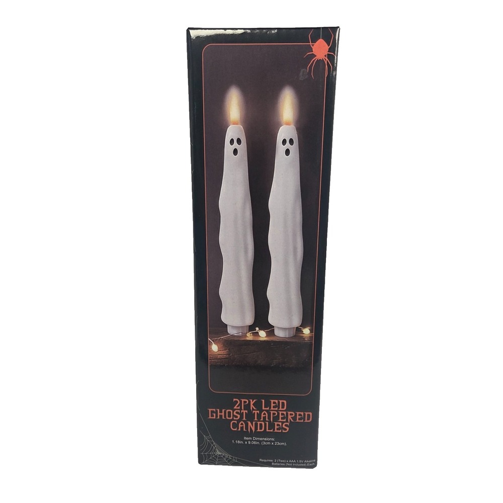 LED Ghost Taper Candles 9 Inch White Halloween Flameless Light Up 2 Pack New